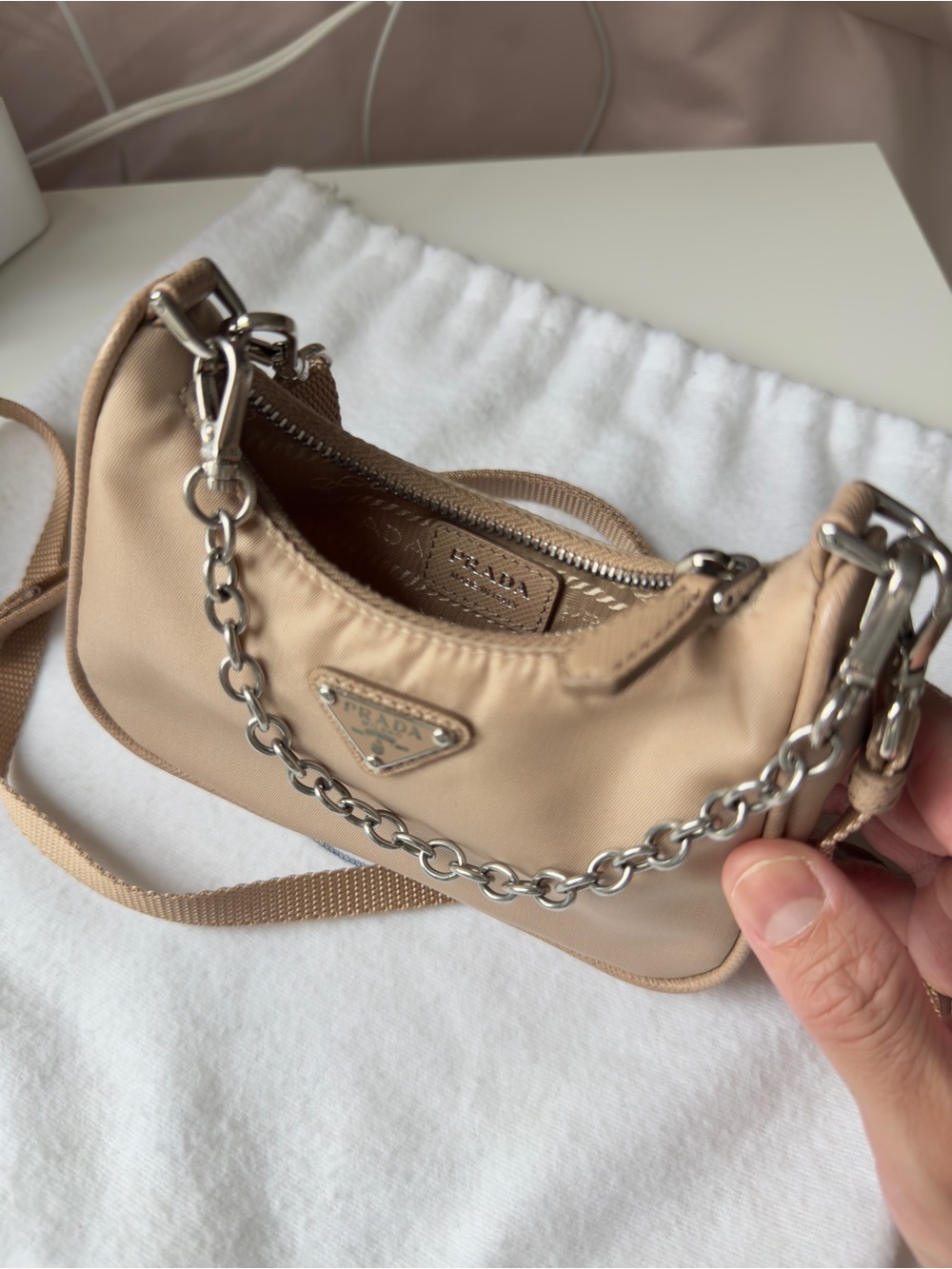 Prada Mini Nylon Shoulder Bag in Beige with Silver Chain - Picture 3 of 11
